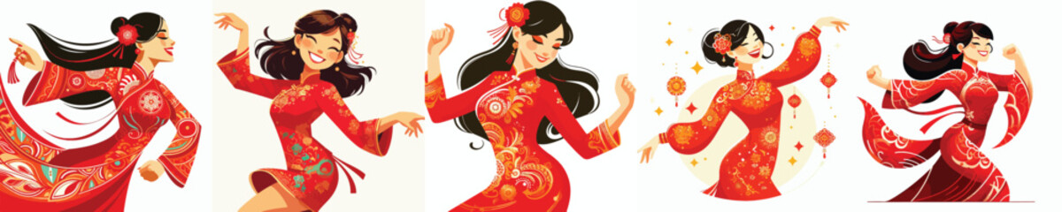vector half body of a woman dancing happily celebrating Chinese New Year