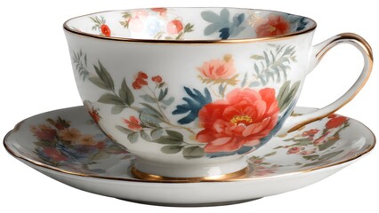 A delicate floral teacup and saucer with red, pink, and blue flower pattern sits elegantly, accented with gold trim, presenting a charming afternoon tea scene.