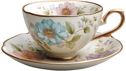 A delicate porcelain teacup with floral watercolor paintings rests on a matching saucer, its gold trim shimme against the cream-colored background creating elegance.