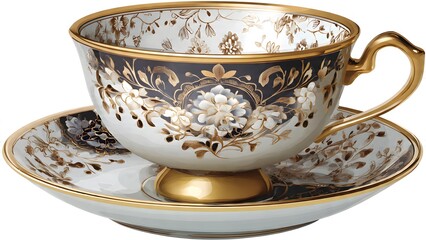 An elegant teacup with intricate floral patterns and luxurious gold accents rests gracefully on its matching saucer, radiating vintage charm and sophistication.