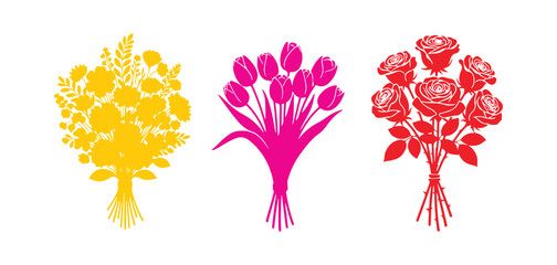 Bunches of blooms. A bunch of garden flowers, a bunch of tulips, a bunch of roses. Vector collection of floral decor. Perfect for March 8, Mother's Day, invites, greeting cards