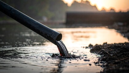 Water flowing from a pipe into muddy ground at sunset.
