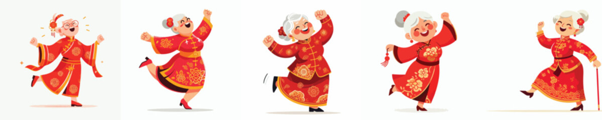 vector of a grandmother dancing happily celebrating Chinese New Year