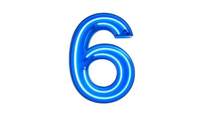 Illuminated numeral six in vibrant blue neon against a stark black background. It appears three-dimensional and emits a bright glow