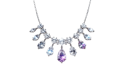 Elegant necklace with shimmering white and purple teardrop gemstones, suspended by a delicate chain, against a black background