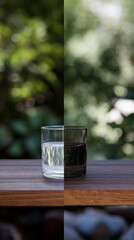 opacity. Split-frame composition of a clear glass of water next to a murky glass. bar promotions, beverage menus, designed for product packaging and bar promotions, used by ux designers.

