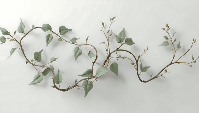 Delicate 3D ivy vine curling gracefully with intricate leaf details, representing natural growth, organic movement, botanical elegance, and decorative greenery in a clean minimalist digital art compos