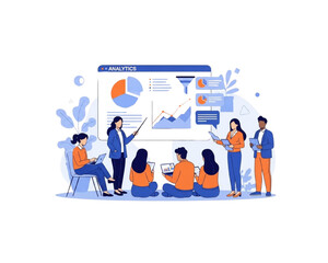 Business team analyzing data analytics dashboard with charts, graphs, and sales funnel during presentation meeting for corporate strategy, marketing performance, and statistical report illustration.