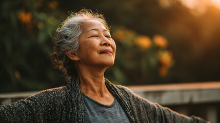 Asia adult aged people middle age mindful happy old woman open arm yoga deep calm stress relief outdoor nature public park sun light self love relax elder aging life asian female mental health care.