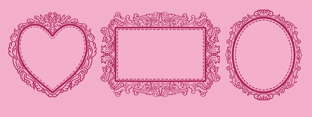 Set of vintage pink ornamental frames in Heart, Rectangle, and Oval shapes vector illustration. Antique ornate elegant decorative elements for invitations, greeting cards, scrapbook, decorative © Wahib