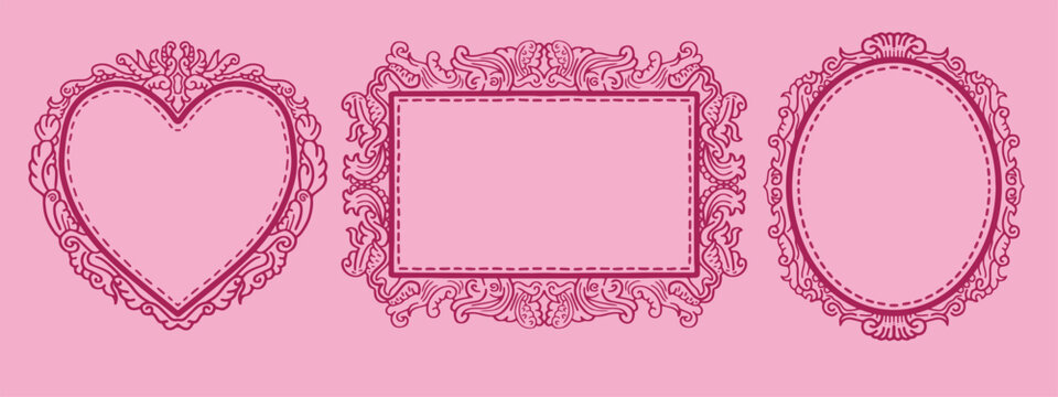 Set of vintage pink ornamental frames in Heart, Rectangle, and Oval shapes vector illustration. Antique ornate elegant decorative elements for invitations, greeting cards, scrapbook, decorative