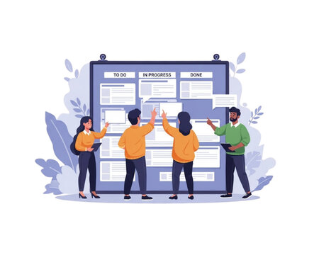 Diverse business team managing agile project workflow on Kanban board with to do, in progress, and done columns, organizing tasks and strategy using scrum methodology on transparent background.