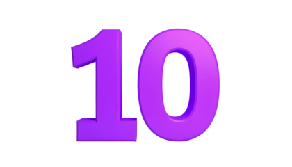A vibrant, purple number "10" with a slight 3D effect, set against a stark, black background. The numerals have a thin, contrasting border