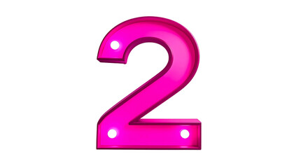 A vibrant, illuminated number "2" in a vivid pink color, featuring a glossy sheen and small lights, set against a black backdrop