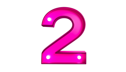 A vibrant, illuminated number "2" in a vivid pink color, featuring a glossy sheen and small lights, set against a black backdrop