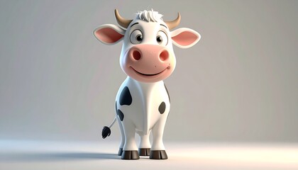 Cute Cartoon Cow Standing on a Plain Background.