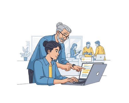 Senior mentor training junior female colleague on laptop. Flat vector of intergenerational diverse business team collaboration, manager helping employee in modern office workspace with computers.