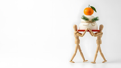 鏡餅を運ぶデッサン人形と協力