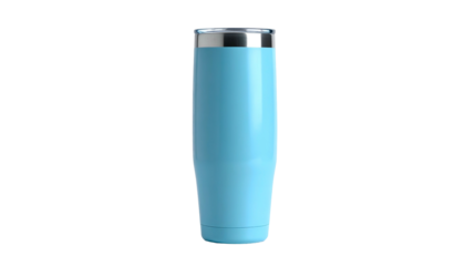 A tall, insulated tumbler in a light blue hue, featuring a silver rim and lid, sits isolated against a stark black background