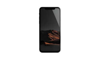 A sleek mobile device, angled slightly, showcasing a desert landscape on its screen against a solid black backdrop. It's clean and modern