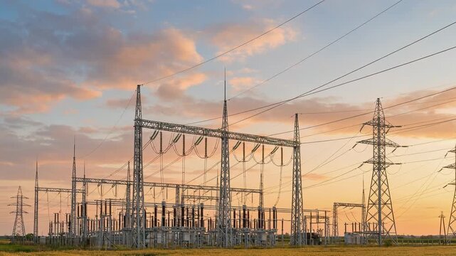 Power Station at Sunset, Energy Infrastructure and Electric Towers in Rural Landscape