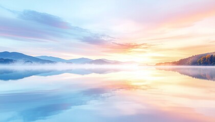 静かな湖に映る朝の光：Morning Light Reflected on a Calm Lake
