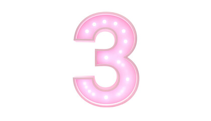 A numeral "3" with an illuminated outline, glowing pink with embedded warm-toned lights against a stark black background