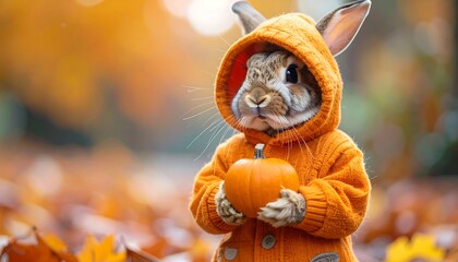 Adorable bunny in an orange hoodie holding a small pumpkin in autumn.