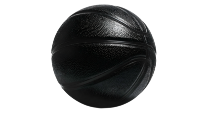 A monochromatic image presents a textured, black basketball isolated on a transparent black background, highlighting its round form