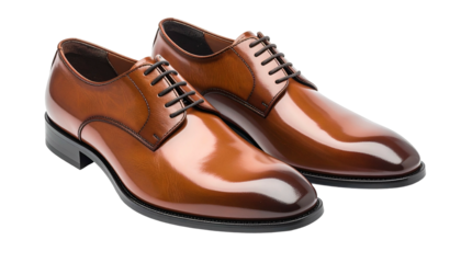 A pair of polished, leather dress shoes with black laces, posed on a solid black background. The brown leather has a high gloss and elegant design
