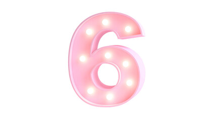 A luminous, pastel-pink digit "6" with illuminated bulbs, set against a black backdrop, creating a celebratory or decorative design