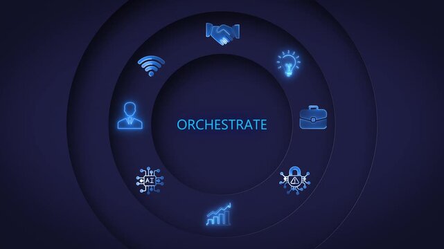 Orchestrate Business Strategy Circle with A I Technology and Partnership Handshake artificial intelligence