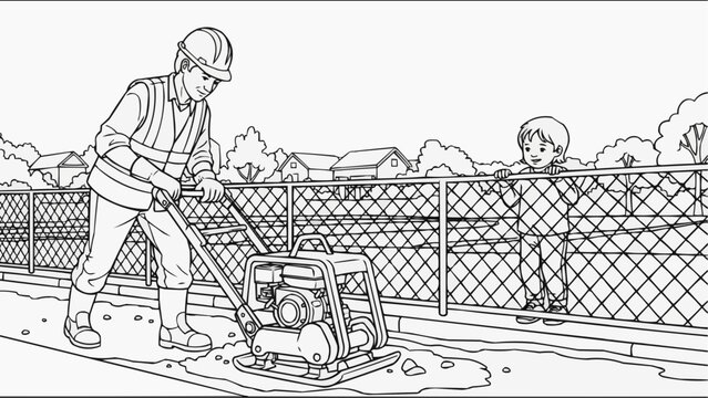 Coloring book for kids - A road worker is operating a small vibrating plate compactor, a child watches the process from behind a safety fence