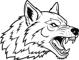 Obraz premium Black and white line art illustration depicting an aggressive snarling wolf head displaying sharp fangs perfect for mascot logo design concepts