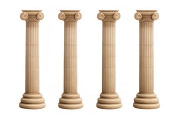 Four roman or greek ionic pillars and columns featuring fluted shafts and volute capitals on a transparent background