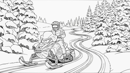Coloring book for kids - a man on a snowmobile rides along a snow-covered trail in the middle of a winter forest 