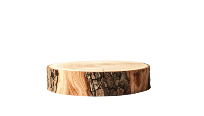 A close-up studio shot featuring a light brown, circular cross-section of a tree trunk isolated against a pure black background