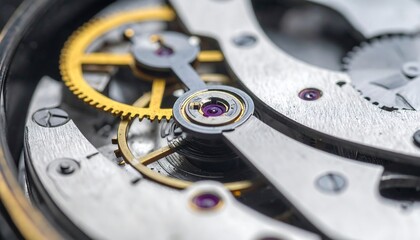 Close-up Macro Shot of Intricate Watch Movement Mechanism Gears.