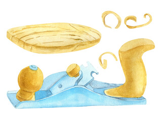 Watercolor hand plane tool illustration with wooden shaving curls and board. Hand painted woodworking equipment isolated on white, suitable for carpentry, DIY, workshop and craft design.