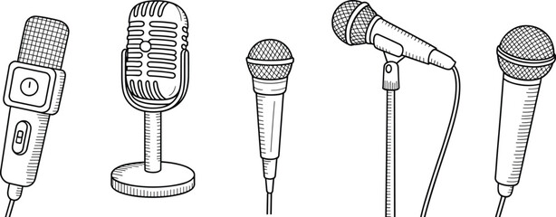 Vintage microphone illustration set, classic audio recording equipment icons, black outline hand drawn vector collection for podcast, music, broadcast design