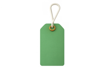 Green blank price tag hanging from a string, featuring an orange grommet. Ideal for promotions, sales, and retail marketing