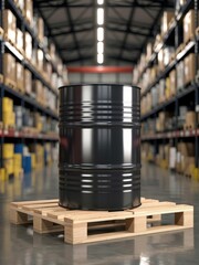 Black metal barrels stacked on pallets in warehouse storage