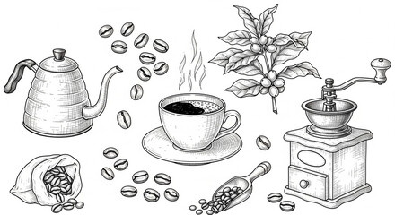 Detailed crosshatch sketch of coffee brewing equipment and espresso cup