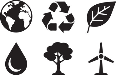 Obraz premium Ecology Icon Silhouette Set, Nature, Environment, and Sustainability Symbols in Black and White, Isolated Minimal Figures Representing Green Energy and Conservation