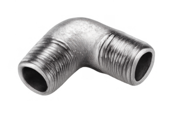 Metal elbow pipe fitting with external threads for plumbing or industrial connections, isolated on transparent background