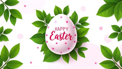 Happy Easter Celebration with Decorated Egg and Green Leaves.