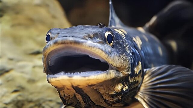 Close-up of a dark, scaly fish with an open mouth and visible teeth