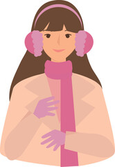 Winter self care illustration of a woman wearing earmuffs scarf and gloves
