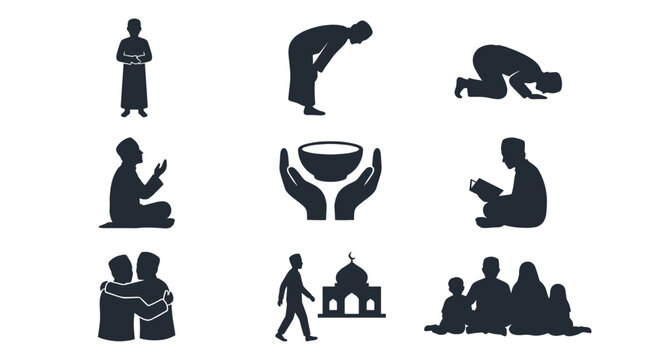 slamic People Prayer Silhouette Set Ramadan Vibes Vector Illustration of Muslim Men and Family Worshiping at Mosque for Holy Month Kareem Concept Design and Eid greeting