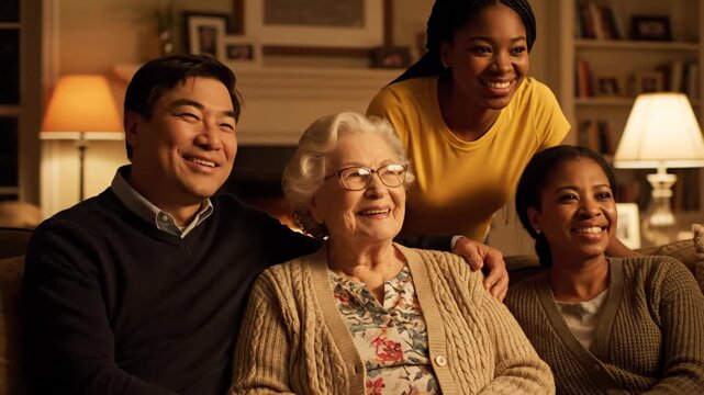A diverse multi-generational family gathers on a comfortable couch, sharing laughter and happy moments together in their cozy living room.